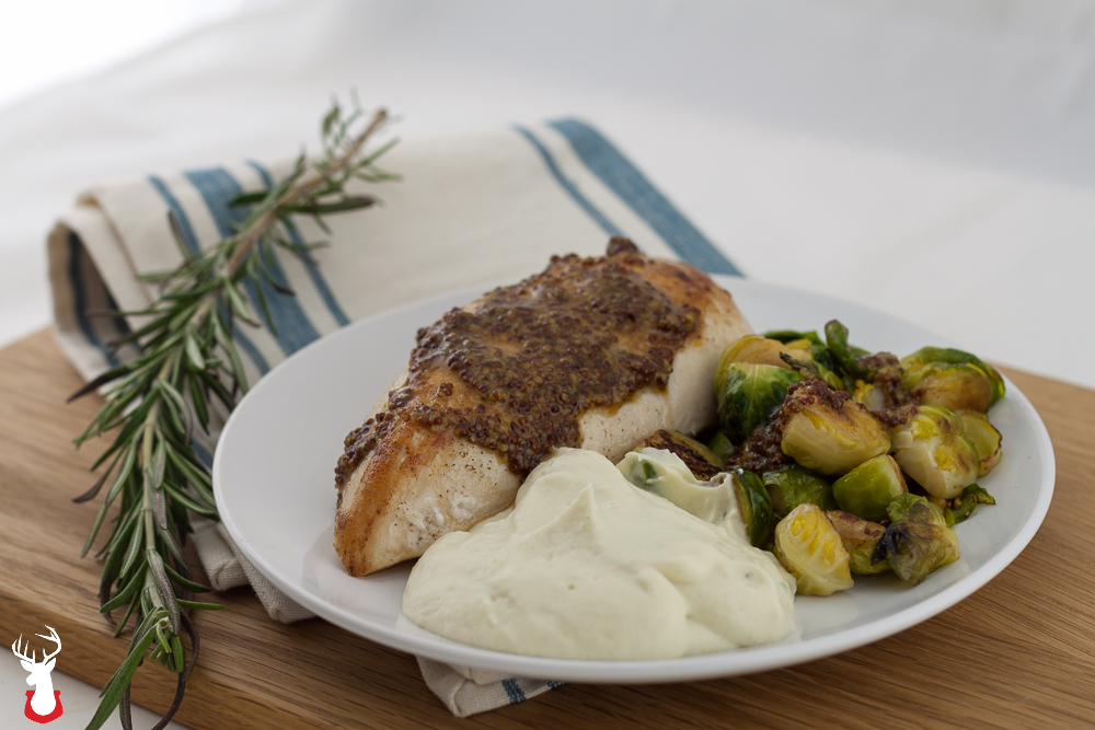 Mustard seed chicken breasts with Brussels sprouts and cauliflower mash