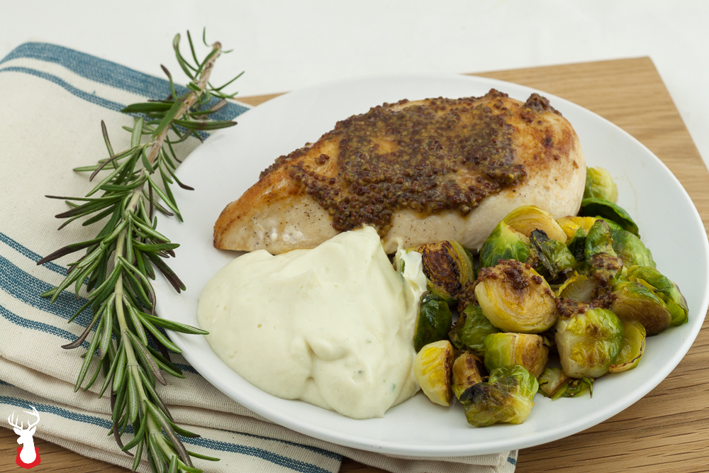 Mustard seed chicken breasts with Brussels sprouts and cauliflower mash