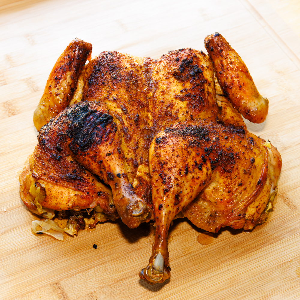 A roasted spatchcocked chicken