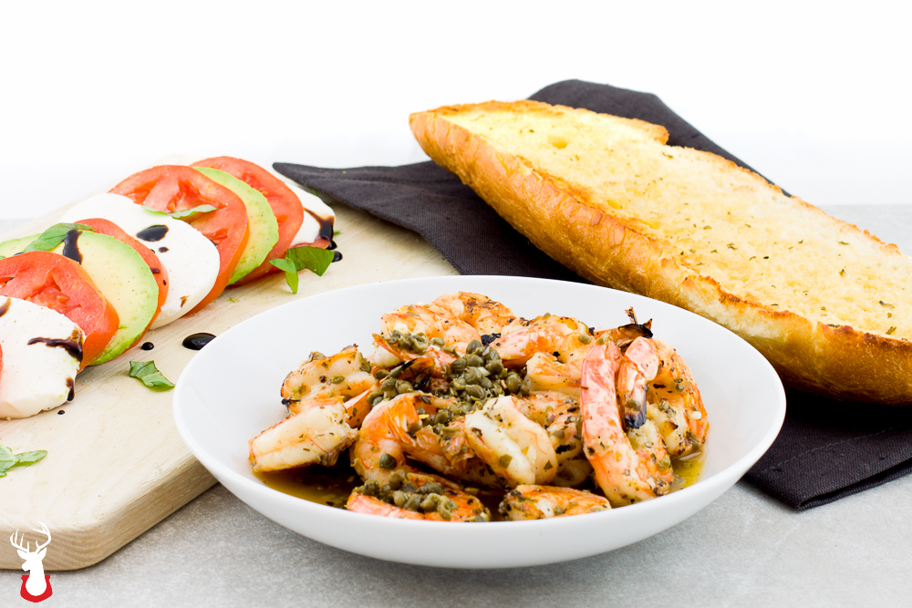 Fire Grilled Shrimp with Avocado Caprese Salad and Garlic Bread